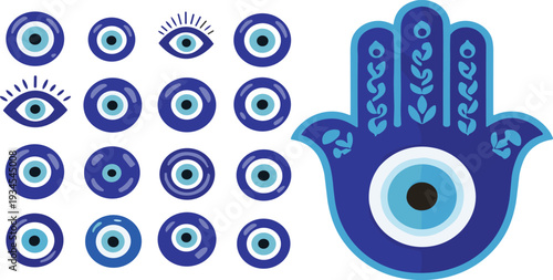 Blue Hamsa Hand with Evil Eye Symbols Collection Traditional Nazar Amulet Protective Spiritual Vector Illustration Set