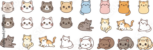 Cute Cartoon Cat Collection Set with Different Poses and Colors Isolated on White Background Vector Illustration