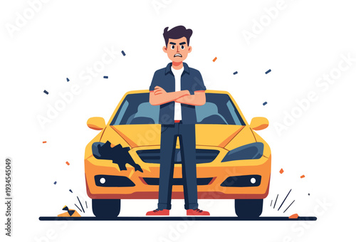 macchina automobile rotta con uomo arrabbiato per incidente stradale  vettoriale