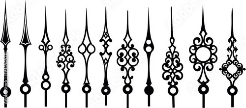 Elegant Vintage Clock Hands Collection with Ornate Decorative Watch Pointers Black Silhouette Vector Illustration Set