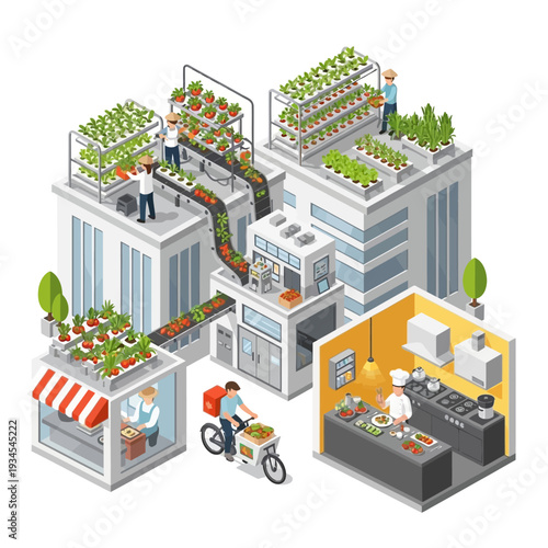 An isometric illustration depicting a futuristic urban farm integrated with a restaurant and delivery service, showcasing vertical farming and sustainable food production.