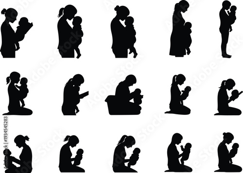 Mother and baby silhouette icons, nurturing family poses, bonding and care moments, black vector set, cad drawing flat vector illustration