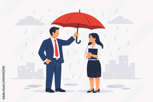 Businessman Holding Red Umbrella to Protect Female Colleague from Rain, Concept of Leadership, Support, Altruism, and Teamwork, Business Insurance and Employee Care Illustration Vector Design.