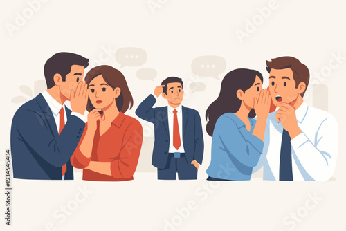 Business Colleagues Whispering Secrets and Spreading Rumors in the Office, Corporate Communication Concept with People Sharing Confidential Information, Gossip and Viral News in Workplace Setting