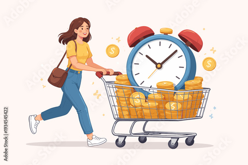 Vector Illustration of a Young Woman Pushing a Shopping Cart with a Giant Alarm Clock and Golden Coins, Representing the Concept of Buying Time, Time Management, and Financial Value of Time.