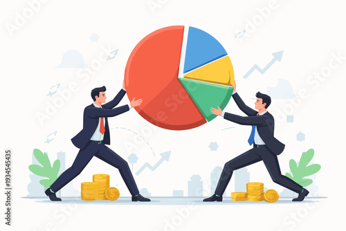 Two Professional Businessmen Competing for Market Share and Profit Holding a Large Pie Chart with Stacks of Gold Coins, Representing Economic Growth, Financial Success, and Corporate Strategy.