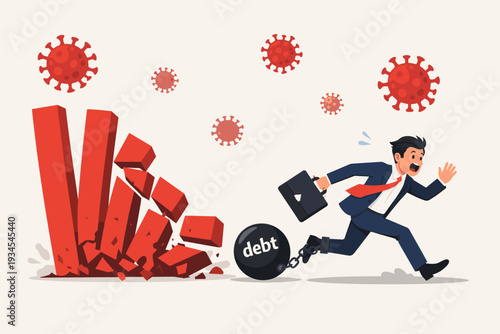 Businessman Running from Collapsing Red Bar Chart and Coronavirus Particles Chained to Heavy Debt Ball, Concept of Global Economic Crisis, Financial Market Crash and Bankruptcy due to COVID-19