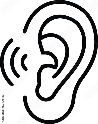 Simple outline icon of an ear with sound waves indicating hearing or listening