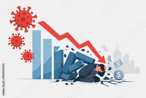 Coronavirus Outbreak Financial Crisis and Global Economic Recession Concept with Businessman Stressed by Stock Market Crash, Falling Bar Graph, and Red Downward Arrow Vector Illustration