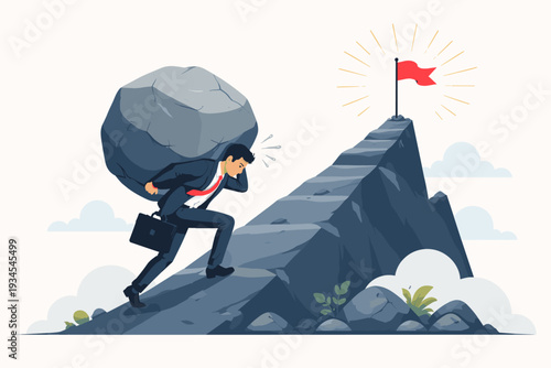 Businessman Carrying a Heavy Boulder on His Back While Climbing Steep Rocky Stairs Toward a Red Flag at the Mountain Peak, Concept of Overcoming Challenges, Hard Work, and Achieving Business Goals