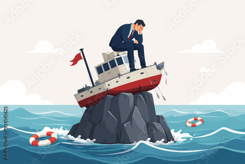 Depressed Businessman Sitting on a Shipwrecked Boat Stuck on a Rock in the Ocean, Metaphor for Business Failure, Financial Crisis, Professional Struggle, Obstacles, Mistakes, and Hopelessness.