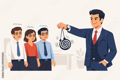 Business Leader Using Hypnosis to Control and Manage Employees, Concept of Persuasion, Influence, and Manipulation in the Workplace with a Hypnotist Boss and Hypnotized Staff Members