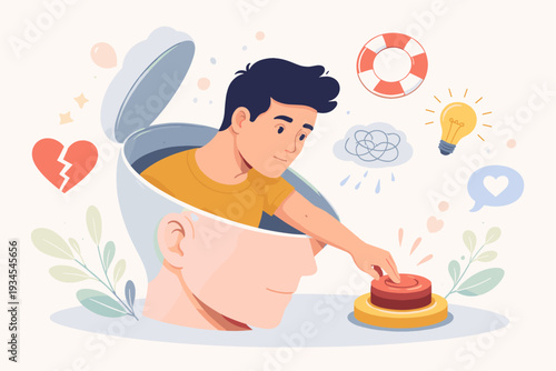 Mental health support and psychotherapy concept with man inside a giant head pressing a button to manage emotions, anxiety, stress, and depression for wellness, mindfulness, and suicide prevention.