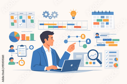 Professional man using laptop for project management and resource planning, featuring Gantt charts, calendar, data visualization, team workflow, and productivity tools in flat vector design.