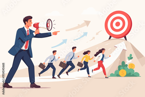 Business Leader Using Megaphone to Motivate and Guide Diverse Team of Employees Towards a Target Goal on a Hill, Concept of Leadership, Teamwork, Success, Achievement, and Corporate Growth
