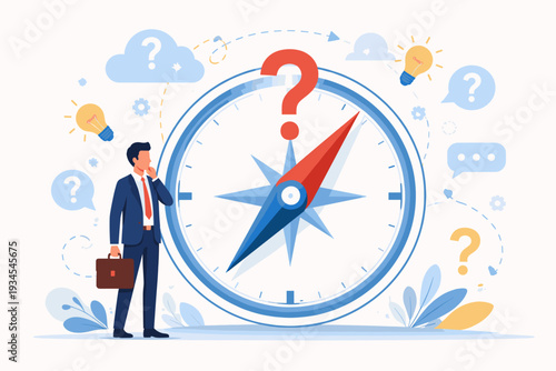 Businessman looking for direction with a large compass, question marks, and light bulbs, symbolizing strategic planning, problem solving, decision making, guidance, and creative innovation.