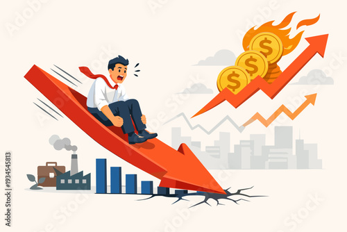 Stagflation Concept with Businessman Sliding Down a Red Arrow Representing Economic Recession and GDP Growth Decrease While Inflation and Prices Rise with Burning Dollar Coins in Background.