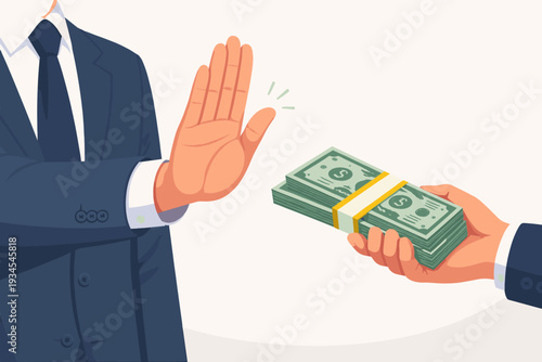 Honest Businessman Refusing to Take Bribery Money Concept with Hand Gesture Rejecting Illegal Cash Payment, Anti-Corruption, Business Ethics, Integrity, and Financial Law Enforcement Illustration