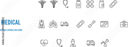 Medical healthcare line icon set with doctor ambulance stethoscope medicine bottle and first aid editable stroke vector illustration