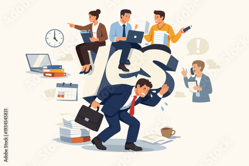 Stressed Businessman Carrying a Giant Yes Word on His Back with Colleagues Sitting on Top, Representing Overwork, Burnout, and the Inability to Say No to New Tasks and Responsibilities at Work