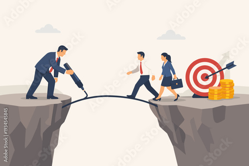 Business Leader Drawing a Bridge for Team to Cross a Gap Towards Success Target and Money, Concept of Mentorship, Support, Problem Solving, and Helping Employees Achieve Professional Goals.