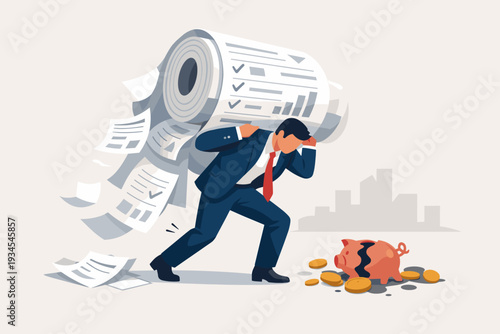 Businessman Carrying Huge Roll of Tax Bills and Debt on His Back with Broken Piggy Bank and Spilled Gold Coins, Representing Financial Burden, Bankruptcy, and Economic Stress in Business Concept