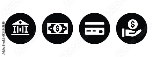 finance and banking icon set with circular black and white fintech symbols, modern vector collection for mobile apps, web ui and digital payment platforms.