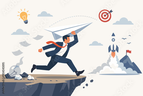 Businessman running off cliff with paper airplane towards target and rocket launch, representing startup entrepreneur taking risk, innovation, creativity, and moving from failure to success.