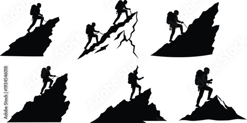 Mountain climbing silhouette, adventure sport, hiking challenge, mountaineer ascent, outdoor exploration, summit reach, extreme sport, trekking activity, climbing posture, perseverance