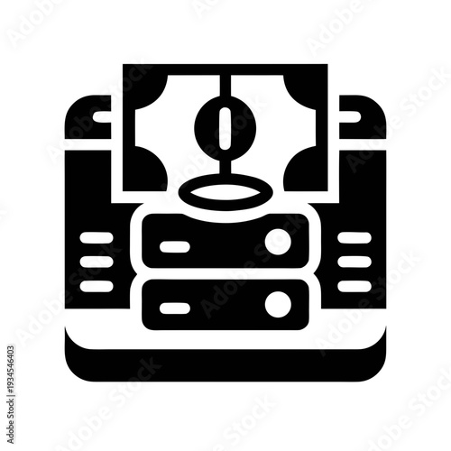 A black and white icon of a money machine