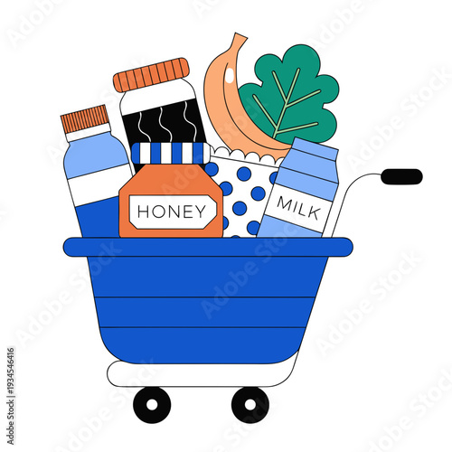 A blue shopping cart filled with groceries