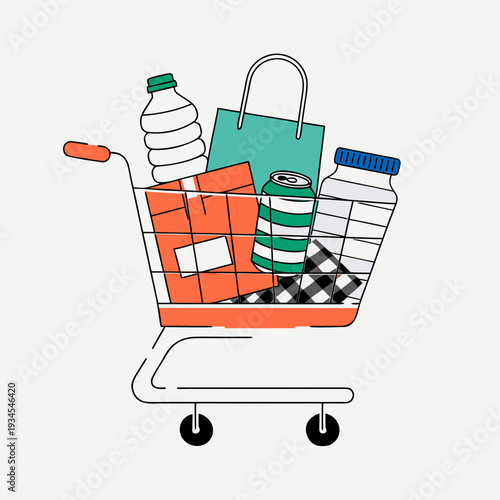 A shopping cart filled with various grocery items