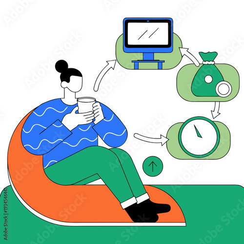 A person relaxing with a mug while thinking about money and time