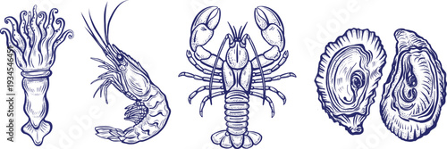 Hand Drawn Seafood Set, Squid Shrimp Lobster and Oysters Vintage Engraving Style