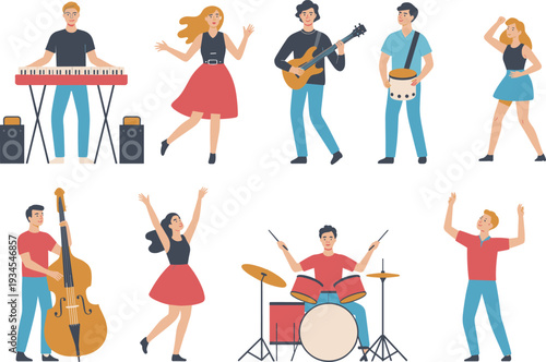 Musicians and dancers performing together, lively music band with instruments and dance moves, entertainment celebration scene – cad drawing flat vector illustration