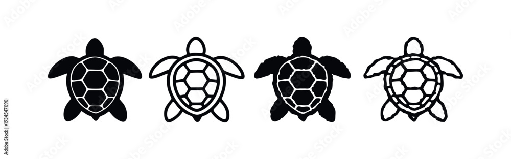 Obraz premium Collection of stylized black and white sea turtle icons, 3D perspective marine animal silhouettes in motion.