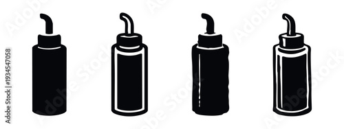 Modern minimalist black and white icon set of squeeze bottles with applicator nozzles, diverse styles.