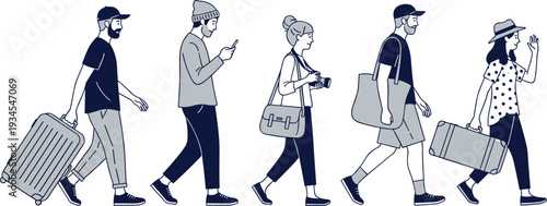 Group of Travelers Walking with Luggage and Bags in Casual Outfits Airport Travel Cartoon Vector Illustration