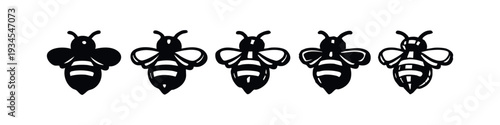 Collection of minimalist black and white bee icons, simple insect silhouettes for various designs.