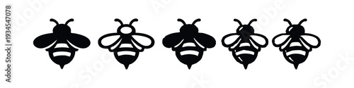 Set of stylized black and white bee icons, abstract insect vector illustrations with diverse details.