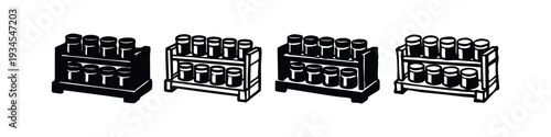 Isometric Spice Rack Icons Set, Seasoning Bottle Holder Black and White Illustrations, Kitchen Storage