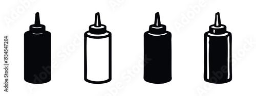 Squeeze Bottle with Pointed Nozzle Icons Set, Condiment Dispenser Bottle Black and White Illustrations