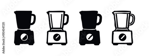 Front View Blender Icons Set, Kitchen Appliance Black and White Illustrations, Food Processor Mixer Vector Art