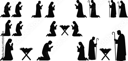 Nativity silhouette collection of Mary, Joseph, baby Jesus, manger worship scenes, perfect for Christmas religious illustration, holy family artwork, design projects