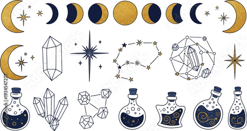 Celestial set featuring moon phases stars constellations crystals and potion bottles ideal for mystical designs