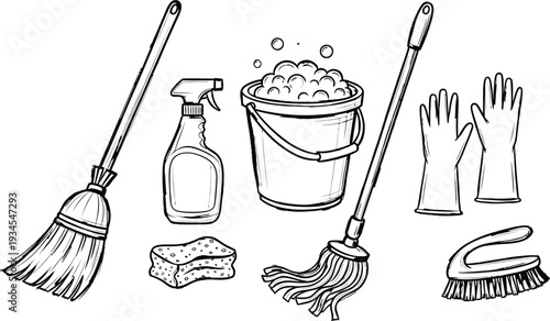 Cleaning supplies vector set hand drawn brooms mop sponge bucket with foam gloves and brush isolated