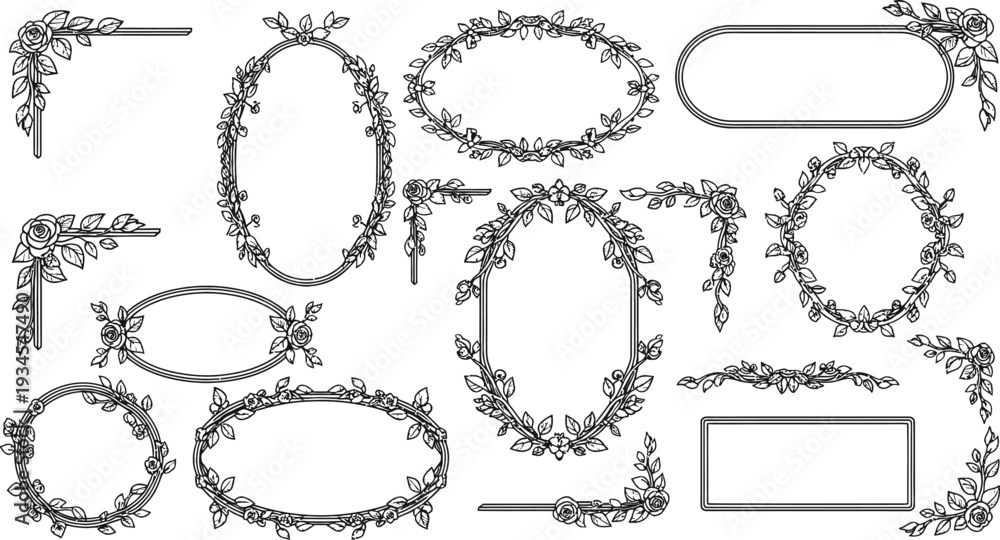 Obraz premium Floral frames vector set hand drawn rose leaves borders and corners isolated on transparent background