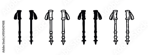 Monochrome vector illustration set of hiking poles and trekking staffs. Outdoor adventure and sport gear.