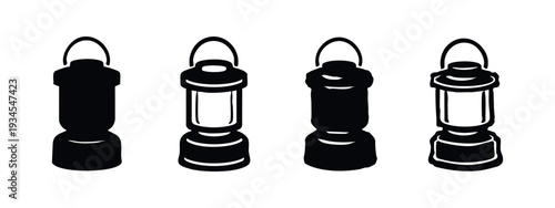 Set of camping lantern icons in monochrome. Outdoor lighting equipment for travel and adventure.
