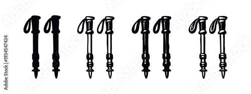 Set of monochrome hiking and trekking poles icons. Outdoor adventure equipment vector illustration.